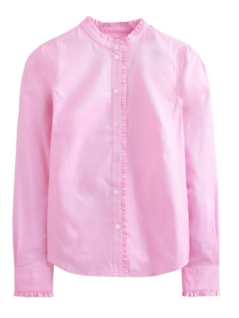 Boden Phoebe Pink Button-Up Cotton Long Sleeve Blouse Ruffle Neckline